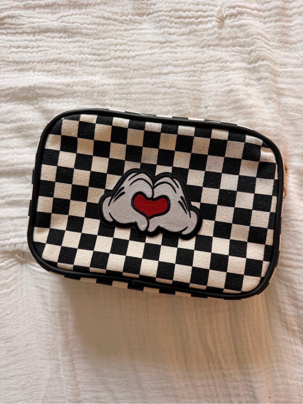 Checkerboard Cosmetic Bag with Mickey Heart Hands Patch - Black & White